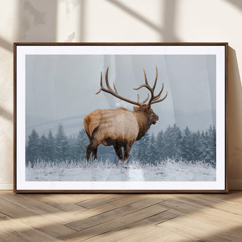 85177251-MGC-FP-36x24_Walnut-Elk Wall Art – Majestic Wildlife Canvas Print of Bull Elk Snowy Forest, Rustic Nature Decor for Living Room, Cabin, or Office