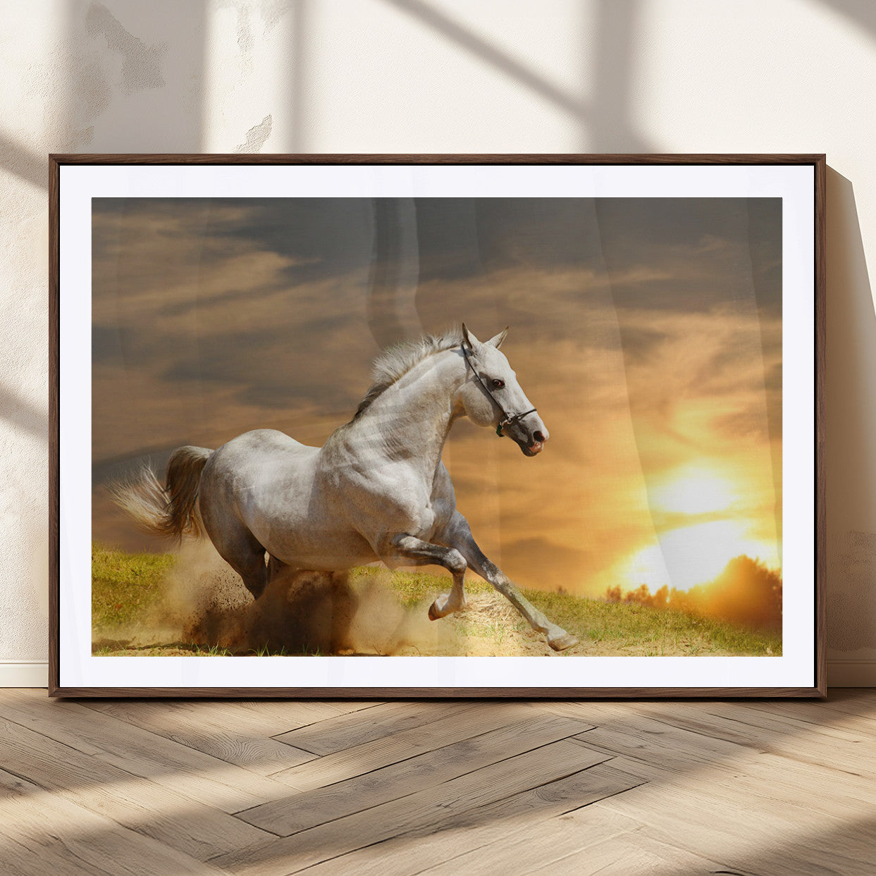 44295212-MGC-FP-36x24_Walnut-Horse Wall Art – Running White Stallion Canvas Print with Sunset Background, Western Wildlife Decor for Living Room, Office, or