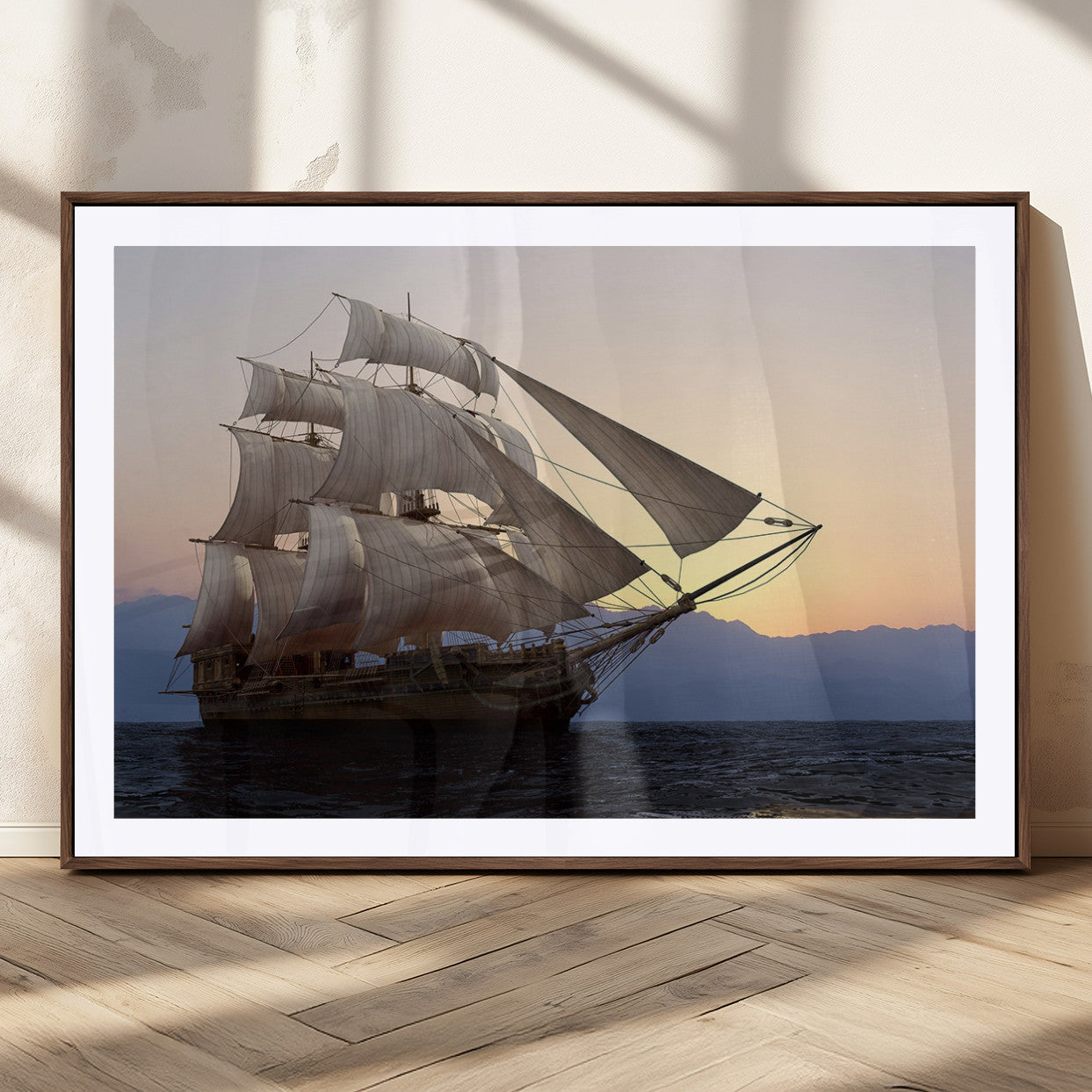 31270610-MGC-FP-36x24_Walnut-Sailing Ship Wall Art – Sunset Seascape Canvas Print with Tall Ship at Sea, Nautical Ocean Decor for Living Room, Office, or