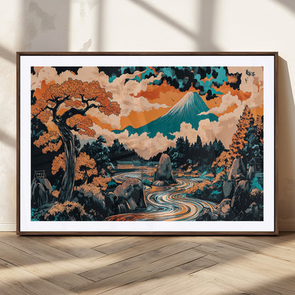 21638941-MGC-FP-36x24_Walnut-Japanese Landscape Wall Art – Mount Fuji and Flowing River Ukiyo-e Style Canvas Print, Traditional Japan Inspired Artwork for