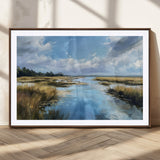 87082041-MGV-CV-36X24-Painted Marshland Canvas Wall Art – Serene Water Reflection, Blue Sky, Golden Grass Landscape, Calm Nature Decor for Home, Office,