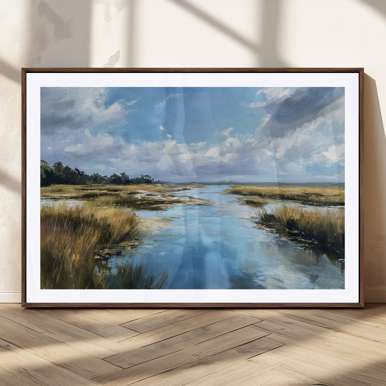 87082041-MGC-FP-36x24_Walnut-Marshland Landscape Wall Art – Serene Nature Canvas Print with Blue Sky and Reflections, Tranquil Scenic Painting for Living Room,