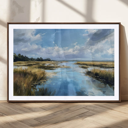 87082041-MGC-FP-36x24_Walnut-Marshland Landscape Wall Art – Serene Nature Canvas Print with Blue Sky and Reflections, Tranquil Scenic Painting for Living Room,
