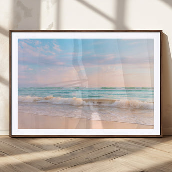 88024944-MGC-FP-36x24_Walnut-Serene Ocean Waves Canvas Wall Art – Pastel Sky, Soft Sand Beach, Tranquil Seascape, Calm Water Coastal Nature, Relaxing Peaceful
