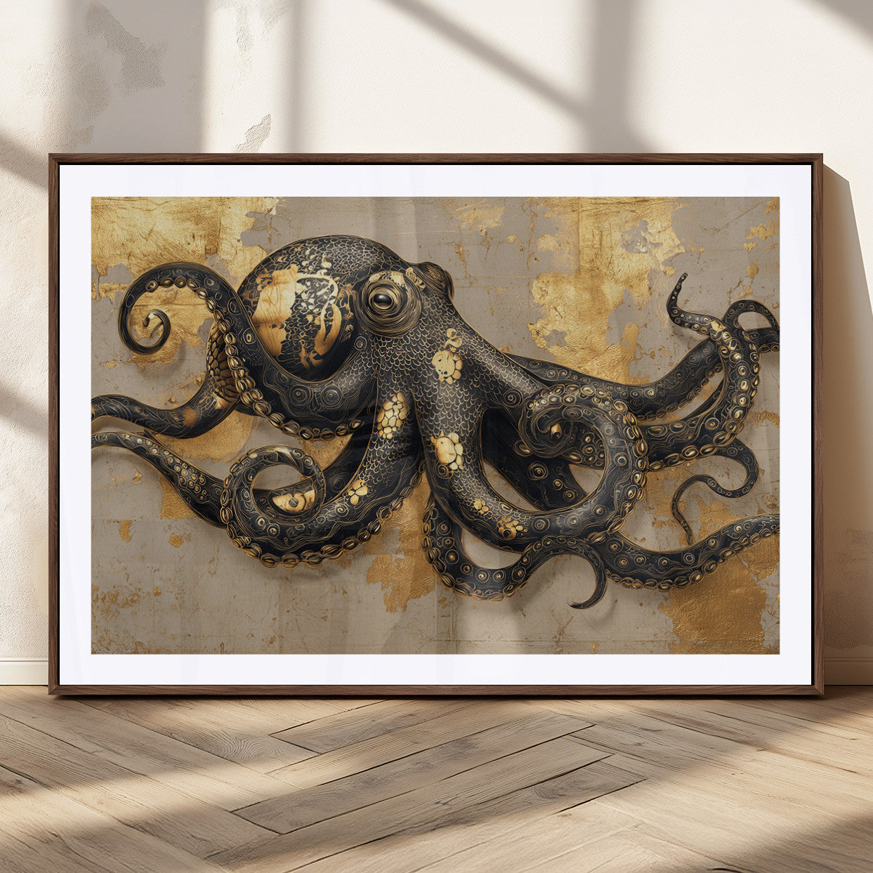 57944271-MGC-FP-36x24_Walnut-Octopus Wall Art – Black and Gold Nautical Canvas Print, Modern Ocean Inspired Artwork with Elegant Detailing, Coastal Marine