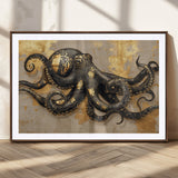 57944271-MGC-FP-36x24_Walnut-Octopus Wall Art – Black and Gold Nautical Canvas Print, Modern Ocean Inspired Artwork with Elegant Detailing, Coastal Marine