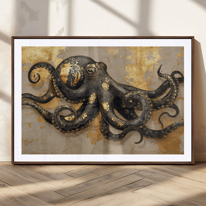 57944271-MGC-FP-36x24_Walnut-Octopus Wall Art – Black and Gold Nautical Canvas Print, Modern Ocean Inspired Artwork with Elegant Detailing, Coastal Marine