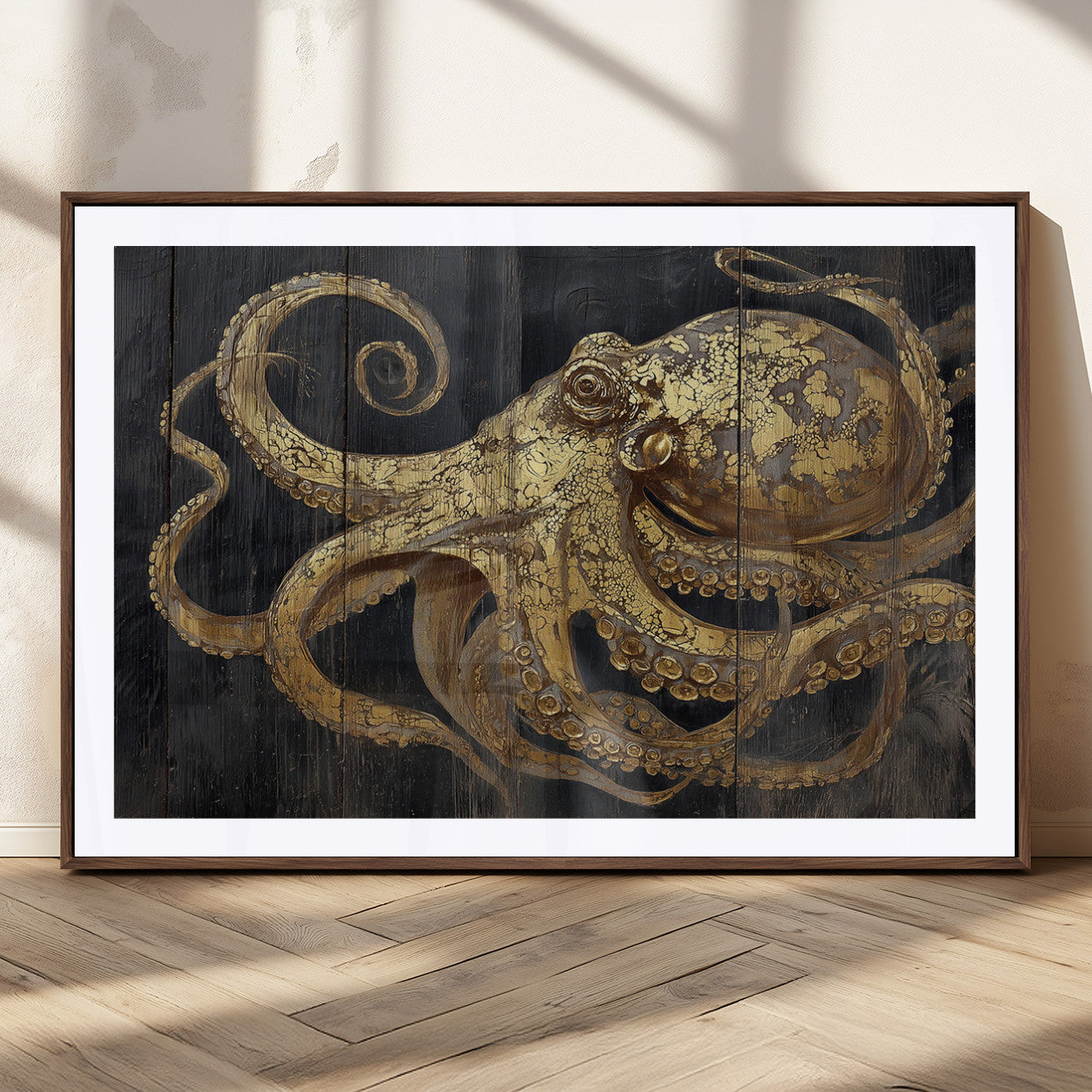 47056538-MGC-FP-36x24_Walnut-Octopus Canvas Wall Art – Gold Detail, Wooden Texture, Marine Life, Ocean Creature Tentacles, Nautical Coastal Rustic Decor for