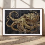 47056538-MGC-FP-36x24_Walnut-Octopus Wall Art – Gold Nautical Canvas Print with Rustic Wood Texture, Marine Creature Artwork for Coastal Ocean Decoration in