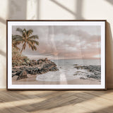 18005328-MGC-FP-36x24_Walnut-Tropical Beach Wall Art – Coastal Ocean Canvas Print with Palm Tree, Sunset Sky and Rocky Shore, Serene Seascape Photography for