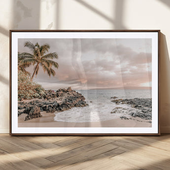 18005328-MGC-FP-36x24_Walnut-Tropical Beach Wall Art – Coastal Ocean Canvas Print with Palm Tree, Sunset Sky and Rocky Shore, Serene Seascape Photography for