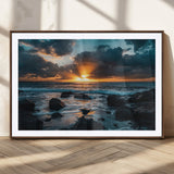 66040852-MGC-FP-36x24_Walnut-Ocean Sunset Canvas Wall Art – Rocky Shore Waves, Dramatic Clouds, Golden Sun Rays, Coastal Nature, Serene Water Reflection for