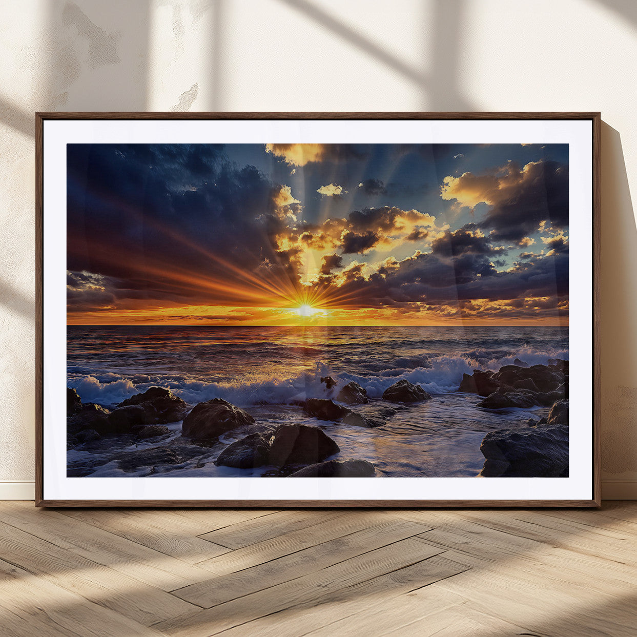 35900590-MGC-FP-36x24_Walnut-Ocean Sunset Wall Art – Vivid Seascape Canvas Print with Sunburst Sky, Crashing Waves and Rocky Shore, Dramatic Coastal