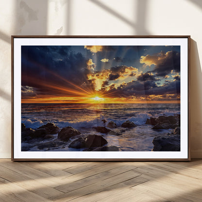 35900590-MGC-FP-36x24_Walnut-Ocean Sunset Wall Art – Vivid Seascape Canvas Print with Sunburst Sky, Crashing Waves and Rocky Shore, Dramatic Coastal