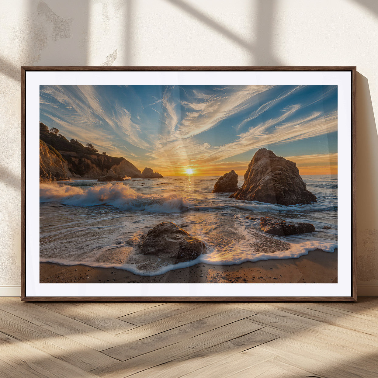 85659923-MGC-FP-36x24_Walnut-Rocky Ocean Sunset Canvas Wall Art – Seaside Dramatic Seascape Print, Coastal Modern Decor, Ocean Sunset Art for Living Room or