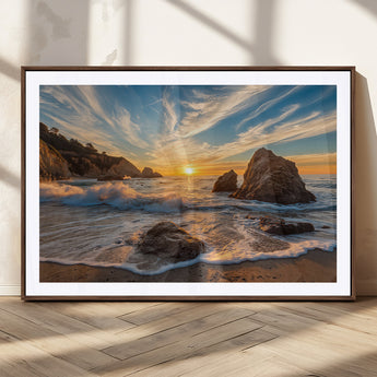 85659923-MGC-FP-36x24_Walnut-Rocky Ocean Sunset Canvas Wall Art – Seaside Dramatic Seascape Print, Coastal Modern Decor, Ocean Sunset Art for Living Room or