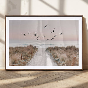 34632598-MGC-FP-36x24_Walnut-Coastal Pathway Canvas Wall Art – Framed Seaside Landscape, Large Beach and Birds Canvas Print for Home, Office, or Living Room
