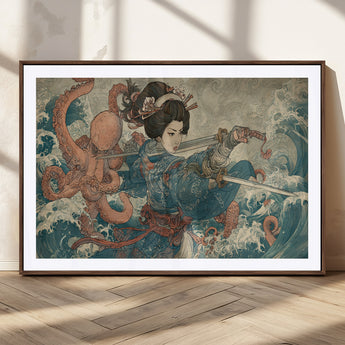 52037775-MGC-FP-36x24_Walnut-Samurai Woman Wall Art – Japanese Ukiyo e Style Canvas Print with Katana, Ocean Waves and Octopus, Traditional Asian Inspired