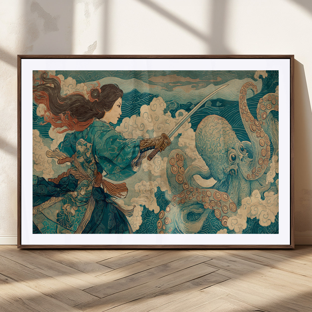 37943964-MGV-CV-36X24-Tsukioka Yoshitoshi Samurai Wall Art Print, Japanese Katana Warrior Canvas Wall Art, Octopus Sea Monster Canvas Print,