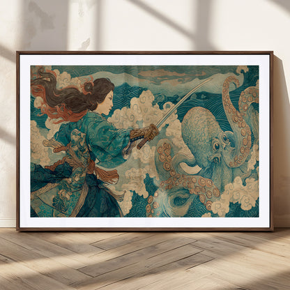 37943964-MGC-FP-36x24_Walnut-Samurai Warrior vs Octopus Wall Art – Japanese Ukiyo-e Style Canvas Print, Ocean Battle Scene Artwork for Living Room, Office, Man