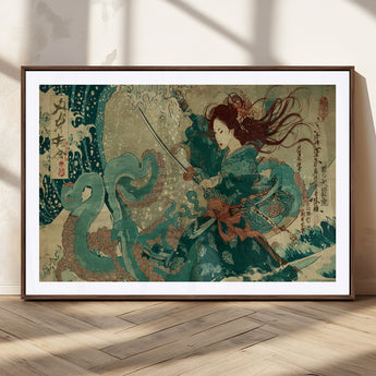 86918027-MGV-CV-36X24-Tsukioka Yoshitoshi Samurai Wall Art Print, Japanese Katana Warrior Canvas Wall Art, Octopus Sea Monster Canvas Print,