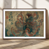 98593115-MGC-FP-36x24_Walnut-Samurai Warrior vs Octopus Wall Art – Japanese Ukiyo-e Calligraphy Canvas Print, Ocean Battle Scene Artwork for Living Room,