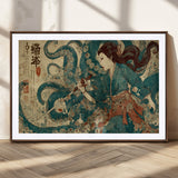 18575670-MGV-CV-36X24-Tsukioka Yoshitoshi Samurai Wall Art Print, Japanese Katana Warrior Canvas Wall Art, Octopus Sea Monster Canvas Print,