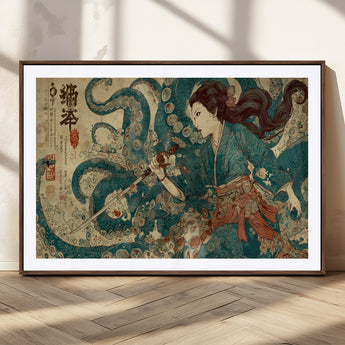 18575670-MGC-FP-36x24_Walnut-Samurai Woman vs Octopus Wall Art – Japanese Ukiyo-e Ocean Battle Canvas Print, Traditional Warrior Artwork for Living Room,
