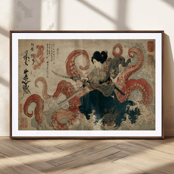 50812504-MGC-FP-36x24_Walnut-Samurai Woman vs Octopus Wall Art – Japanese Ukiyo-e Red Tentacle Canvas Print, Ocean Battle Artwork for Living Room, Office, Man