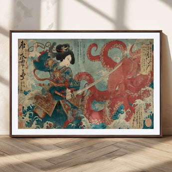 68844327-MGV-CV-36X24-Tsukioka Yoshitoshi Samurai Wall Art Print, Japanese Katana Warrior Canvas Wall Art, Octopus Sea Monster Canvas Print,