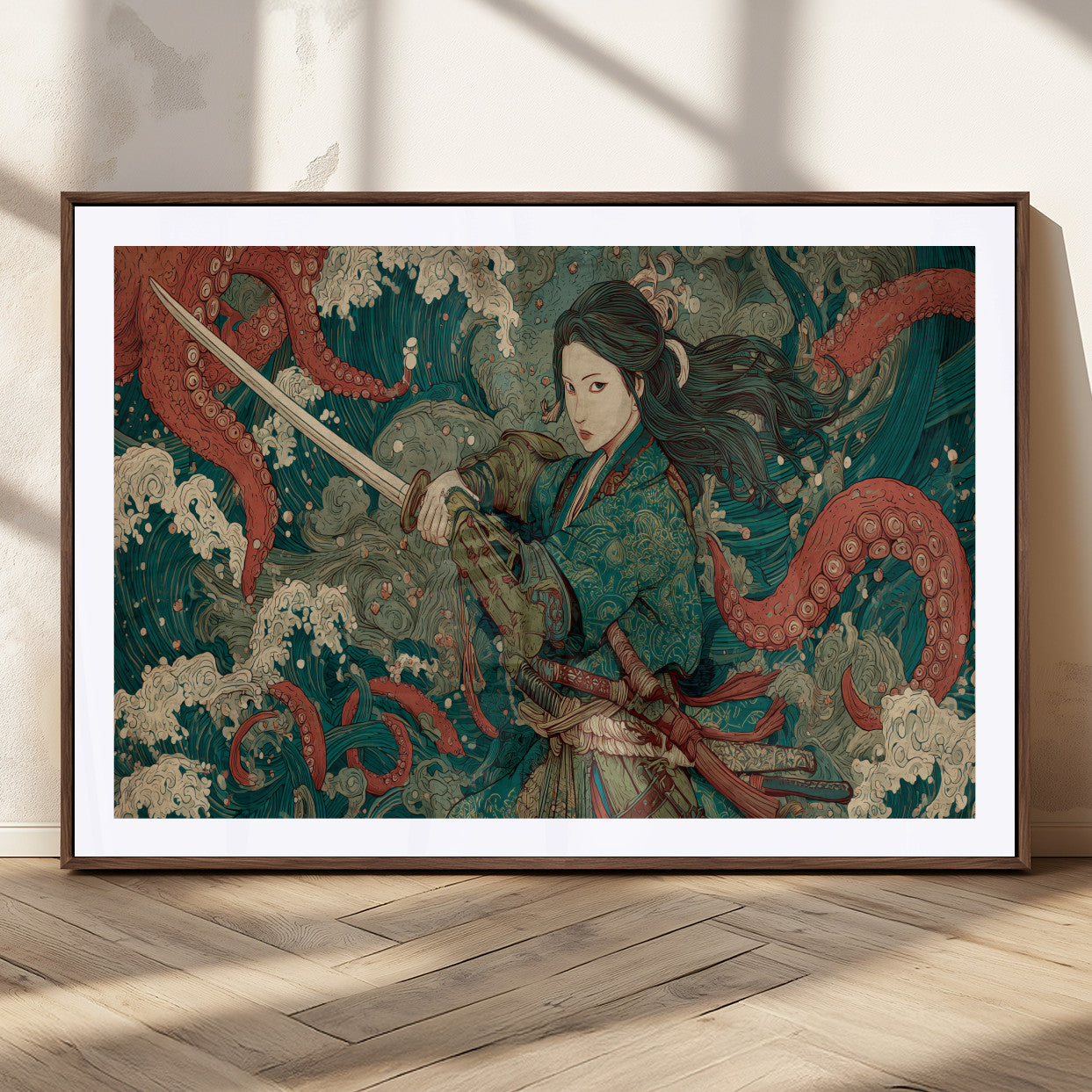 35461724-MGC-FP-36x24_Walnut-Samurai Woman vs Octopus Wall Art – Japanese Ukiyo-e Ocean Waves Canvas Print, Red Tentacle Battle Artwork for Living Room,
