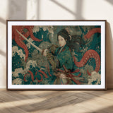 35461724-MGC-FP-36x24_Walnut-Samurai Woman vs Octopus Wall Art – Japanese Ukiyo-e Ocean Waves Canvas Print, Red Tentacle Battle Artwork for Living Room,