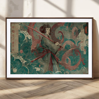 91666601-MGC-FP-36x24_Walnut-Samurai Woman vs Octopus Wall Art – Japanese Ukiyo-e Green Robe Canvas Print, Ocean Battle Artwork for Living Room, Office, Man