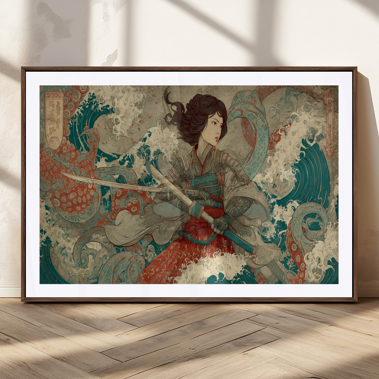 37797255-MGC-FP-36x24_Walnut-Samurai Woman vs Octopus Wall Art – Japanese Ukiyo-e Red Armor Ocean Battle Canvas Print, Warrior Artwork for Living Room, Office,