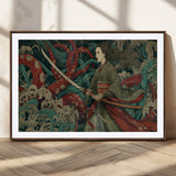 18902796-MGC-FP-36x24_Walnut-Samurai Woman vs Octopus Wall Art – Japanese Ukiyo-e Green Kimono Canvas Print, Ocean Battle Scene Artwork for Living Room,