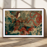60201267-MGC-FP-36x24_Walnut-Samurai Woman vs Octopus Wall Art – Japanese Ukiyo-e Armor Canvas Print, Red Tentacle Ocean Battle Artwork for Living Room,