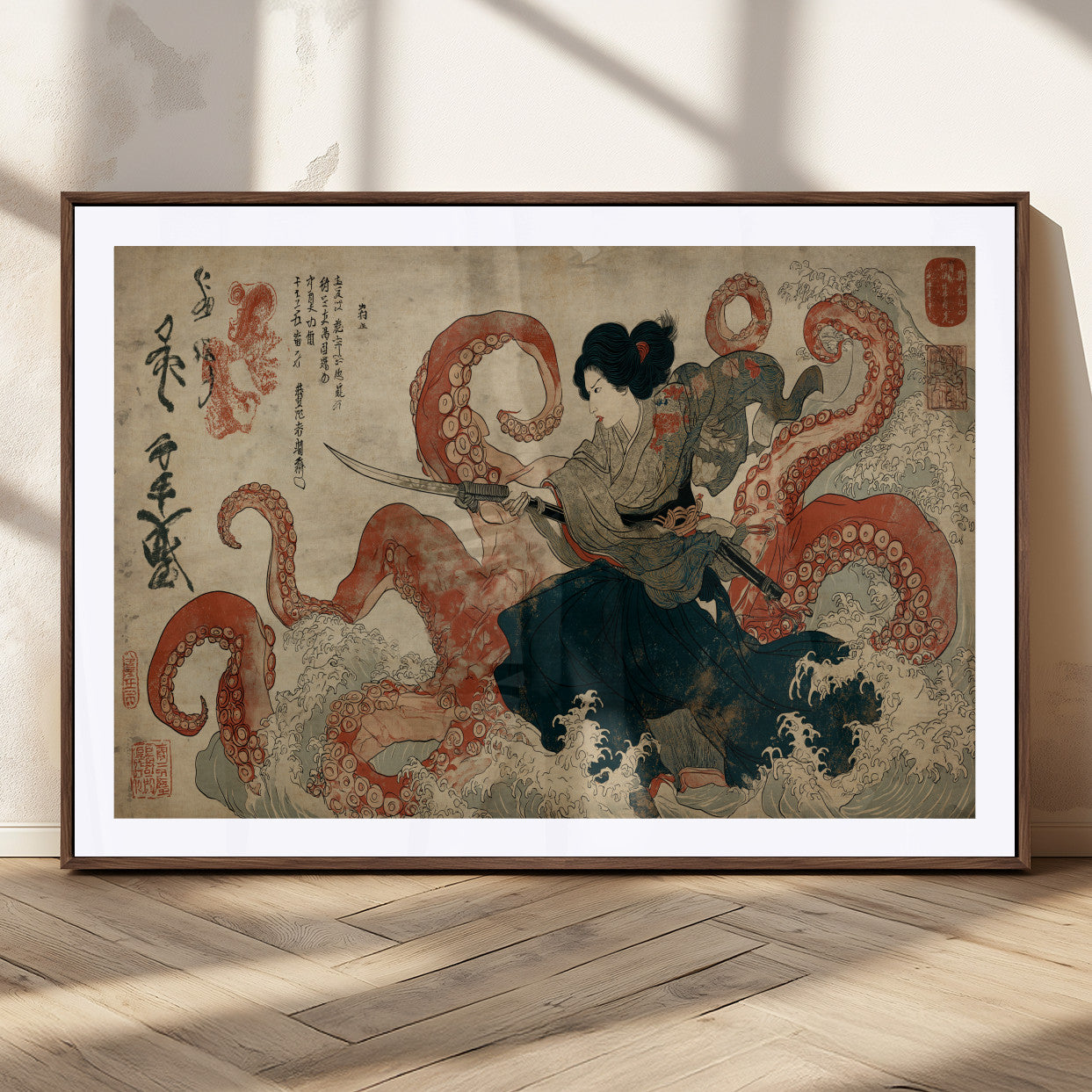 82737246-MGC-FP-36x24_Walnut-Samurai Woman vs Octopus Wall Art – Japanese Ukiyo-e Dual Sword Canvas Print, Red Tentacle Ocean Battle Artwork for Living Room,