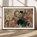 82737246-MGC-FP-36x24_Walnut-Samurai Woman vs Octopus Wall Art – Japanese Ukiyo-e Dual Sword Canvas Print, Red Tentacle Ocean Battle Artwork for Living Room,