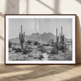 97436PHN-MGC-FP-36x24_Walnut-Desert Landscape Wall Art – Black and White Cactus and Mountain Canvas Print, Southwestern Nature Photography for Living Room,