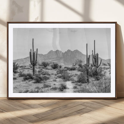 97436PHN-MGC-FP-36x24_Walnut-Desert Landscape Wall Art – Black and White Cactus and Mountain Canvas Print, Southwestern Nature Photography for Living Room,