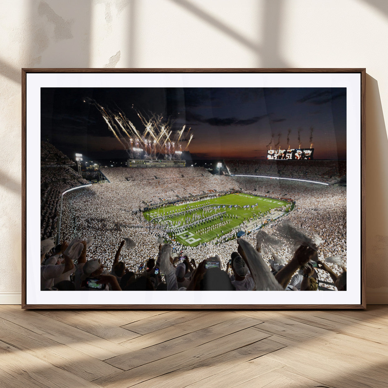 Penn-MGC-FP-36x24_Walnut-Football Stadium Wall Art – Panoramic Night Game Canvas Print, Packed Crowd with Fireworks, Sports Decor for Office, Man Cave, Bar