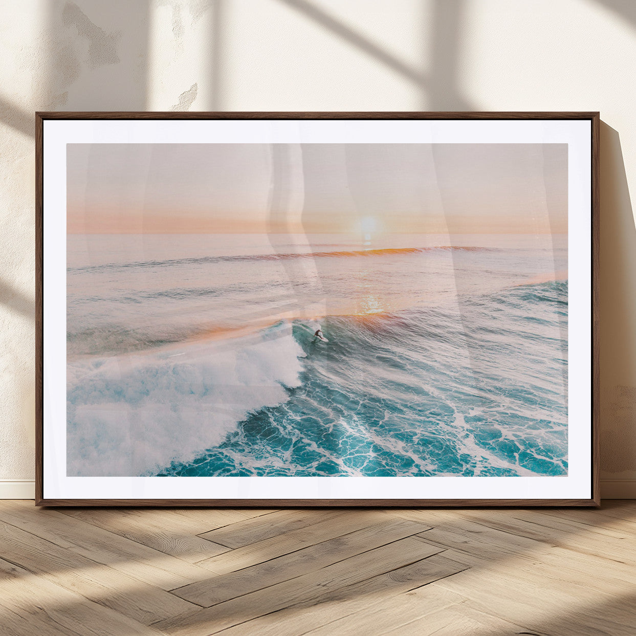 34064591-MGC-FP-36x24_Walnut-Surfing Wall Art – Sunset Ocean Wave Canvas Print, Surfer Riding Sea Photography Decor for Bedroom, Living Room, Office, Coastal