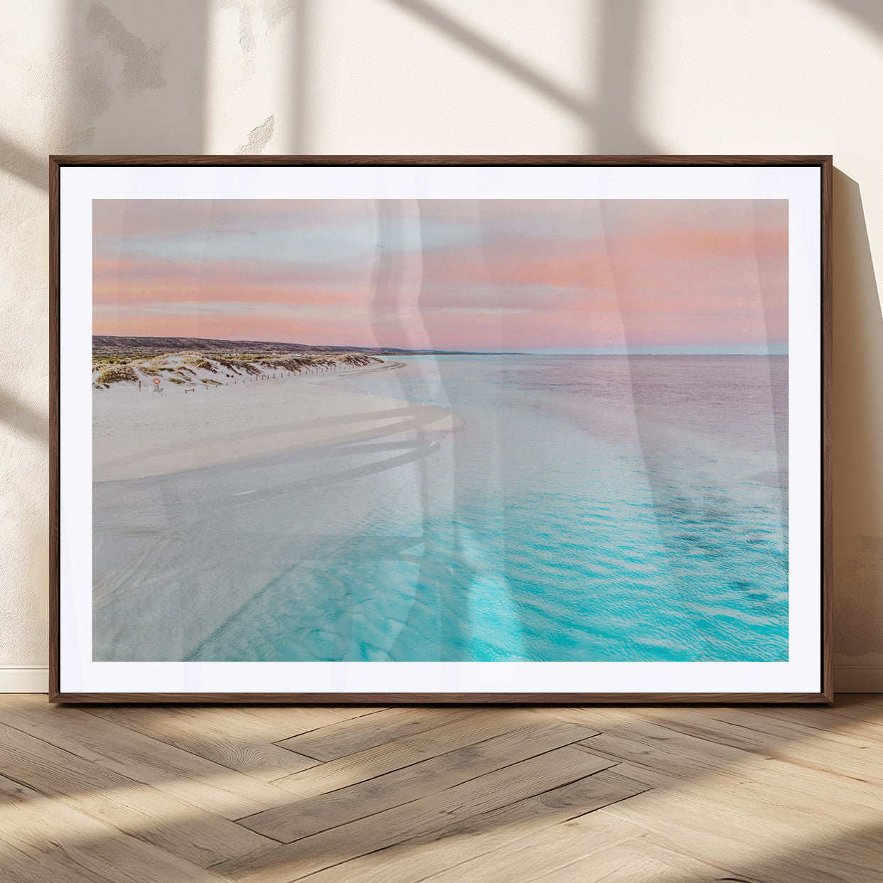 41613614-MGC-FP-36x24_Walnut-Beach Sunset Wall Art – Pastel Ocean Canvas Print, Turquoise Water and Pink Sky Photography Decor for Bedroom, Living Room, Office