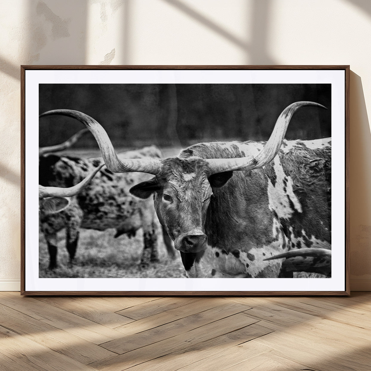 15425553-MGC-FP-36x24_Walnut-Western Wall Art – Longhorn Cattle Black and White Canvas Print, Rustic Ranch Photography Decor for Bedroom, Living Room, Office,