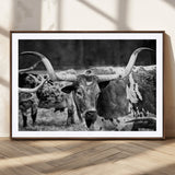 15425553-MGC-FP-36x24_Walnut-Western Wall Art – Longhorn Cattle Black and White Canvas Print, Rustic Ranch Photography Decor for Bedroom, Living Room, Office,