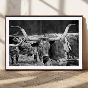 15425553-MGC-FP-36x24_Walnut-Western Wall Art – Longhorn Cattle Black and White Canvas Print, Rustic Ranch Photography Decor for Bedroom, Living Room, Office,