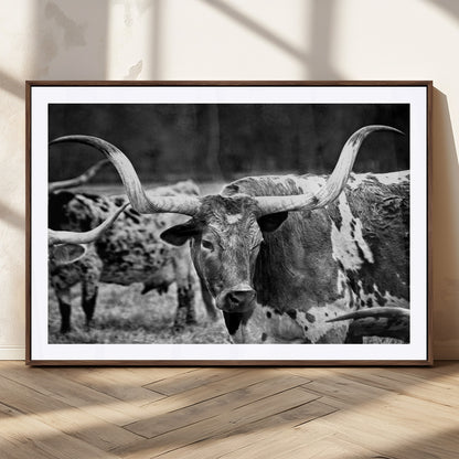 15425553-MGC-FP-36x24_Walnut-Western Wall Art – Longhorn Cattle Black and White Canvas Print, Rustic Ranch Photography Decor for Bedroom, Living Room, Office,