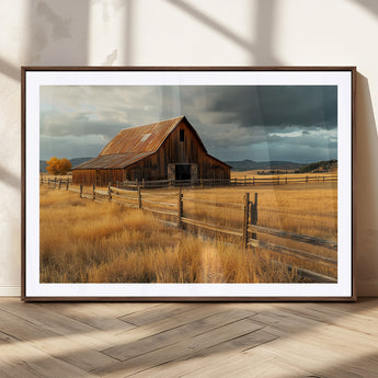 16480179-MGC-FP-36x24_Walnut-Farmhouse Wall Art – Rustic Barn and Golden Field Canvas Print, Country Landscape Photography Decor for Bedroom, Living Room,