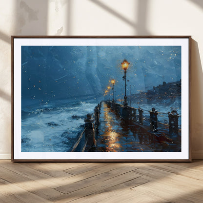 93793246-MGC-FP-36x24_Walnut-Stormy Night Pier Canvas Wall Art – Moody Ocean Landscape with Lights, Blue Coastal Seascape Print for Bedroom, Living Room,