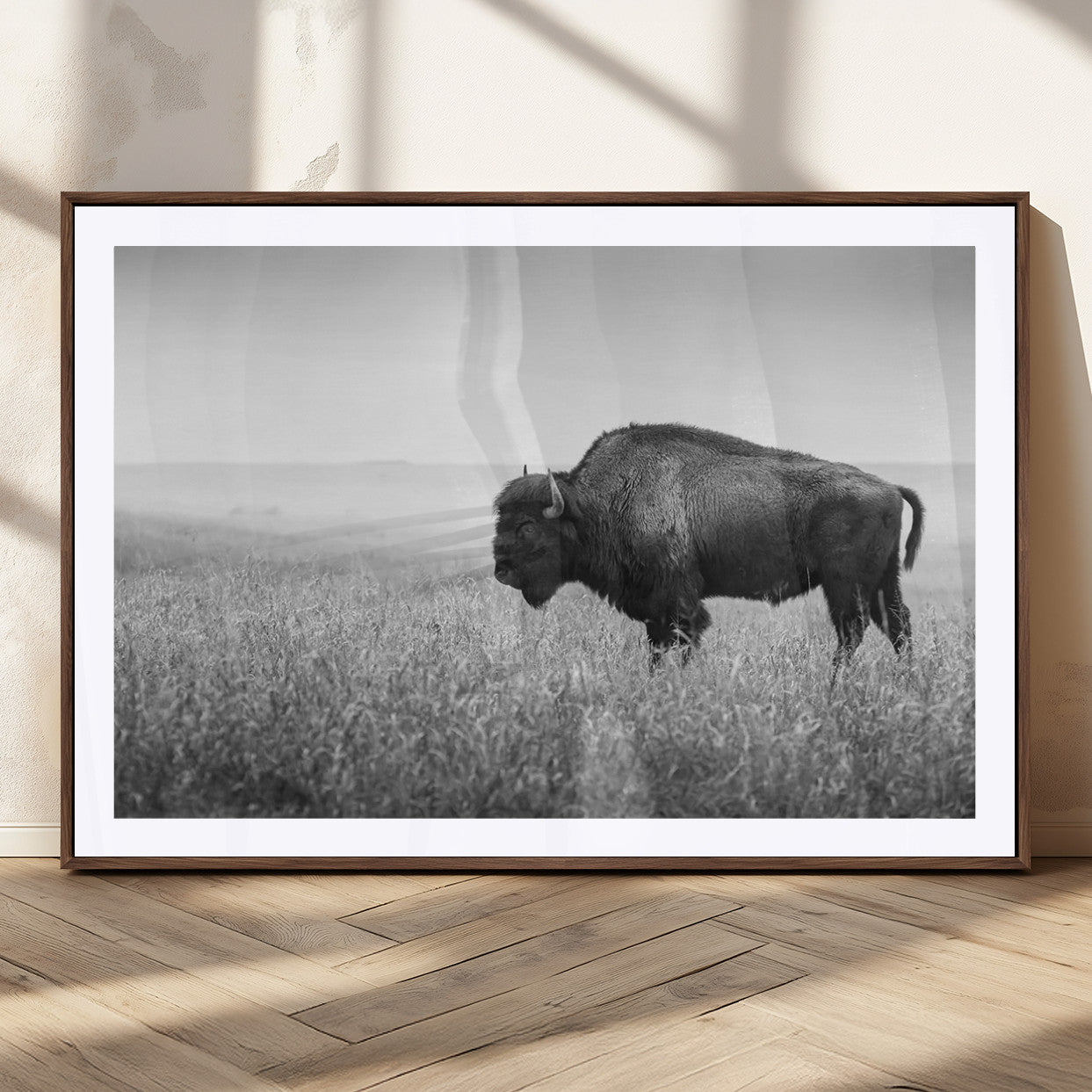 90861202-MGC-FP-36x24_Walnut-Black and White Bison Canvas Wall Art – Rustic American Buffalo Print, Western Wildlife Photography for Farmhouse, Cabin, Office